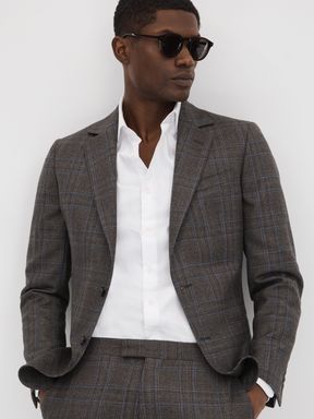 Brown Multi Reiss Fantasy Slim Fit Wool Single Breasted Check Blazer