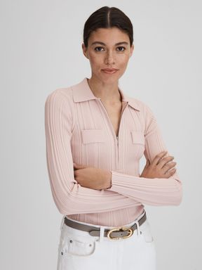 Nude Reiss Clemmie Ribbed Half-Zip Fitted Top
