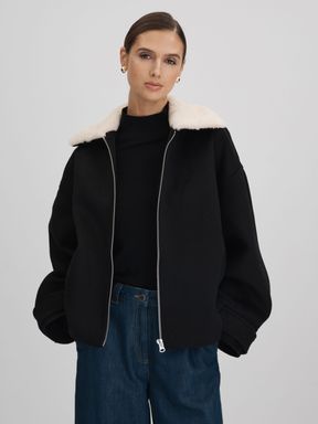 Black Meotine Wool Blend Shearling Collar Jacket
