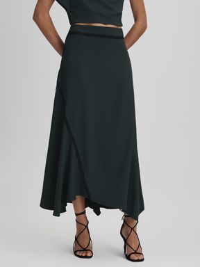 Green Reiss Sara Asymmetric Contrast Trim Midi Skirt