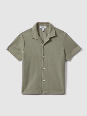 Pistachio Reiss Gerrard Textured Cotton Cuban Collar Shirt