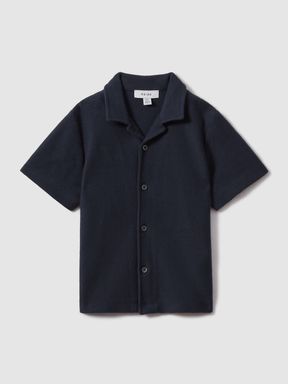 Navy Reiss Gerrard Textured Cotton Cuban Collar Shirt