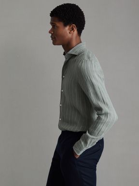 Sage Stripe Reiss Ruban Linen Button Through Shirt