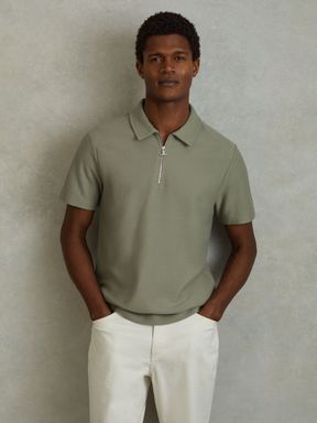 Pistachio Reiss Felix Textured Cotton Half Zip Polo Shirt