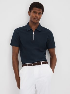 Navy Reiss Felix Textured Cotton Half Zip Polo Shirt