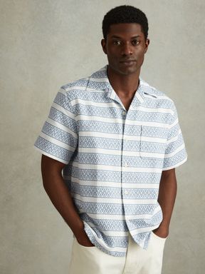 White/Soft Blue Reiss Kesh Herringbone Cuban Collar Shirt
