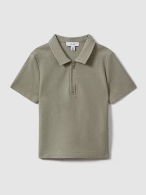 Pistachio Reiss Felix Textured Cotton Half-Zip Polo Shirt