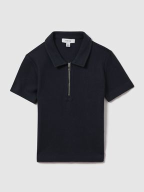 Navy Reiss Felix Textured Cotton Half-Zip Polo Shirt