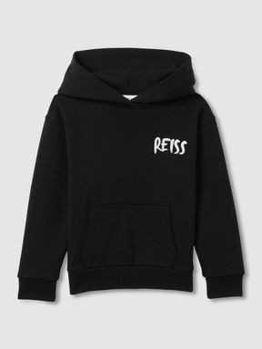 Washed Black Reiss Newton Cotton Relaxed Motif Hoodie