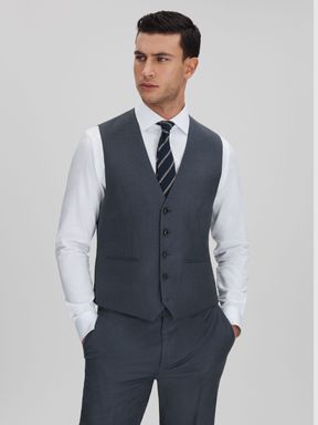 Airforce Blue Reiss Humble Slim Fit Single Breasted Wool Waistcoat