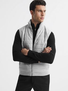 Soft Grey Reiss William Hybrid Quilt and Knit Zip-Through Gilet