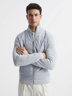 Soft Grey Reiss Trainer Hybrid Quilt and Knit Zip-Through Jacket