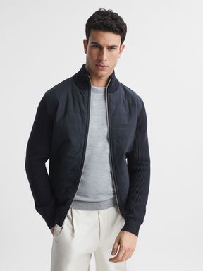 Navy Reiss Trainer Hybrid Quilt and Knit Zip-Through Jacket