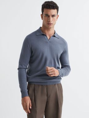 Nickel Blue Reiss Milburn Merino Wool Open Collar Polo Shirt