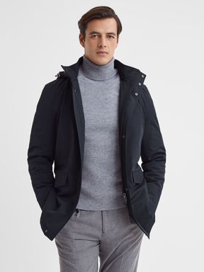 Navy Reiss Dublin Water Repellent Removable Hooded Coat