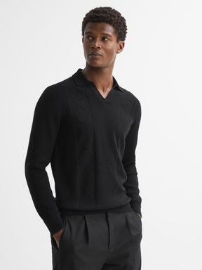 Black Reiss Malik Wool Open Collar Top