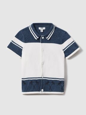 Optic White/Airforce Blue Reiss Bowler Velour Embroidered Striped Shirt