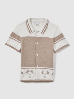Taupe/Optic White Reiss Bowler Velour Embroidered Striped Shirt