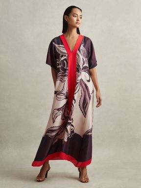 Ivory/Burgundy Reiss Hanna Printed Front Split Midi Dress