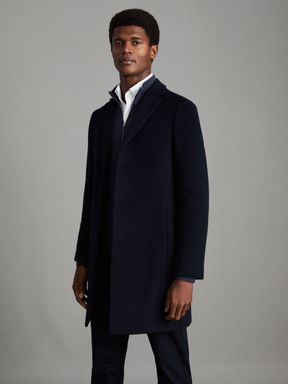 Navy Reiss Gable Wool Blend Single Breasted Epsom Overcoat