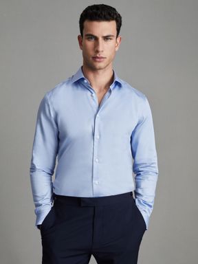Mid Blue Reiss Remote Reg Cotton Satin Cutaway Collar Shirt