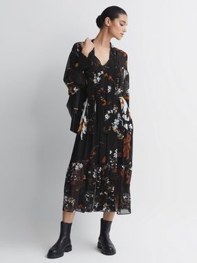Black/Brown Reiss Charlotte Floral Neck Tie Midi Dress