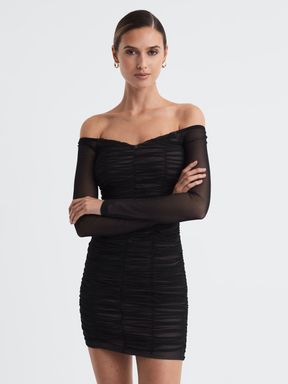 Black Good American Ruched Off-The-Shoulder Mini Dress