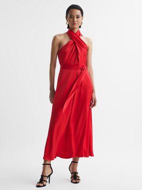 Red Reiss Vida Satin Halter Neck Fitted Midi Dress