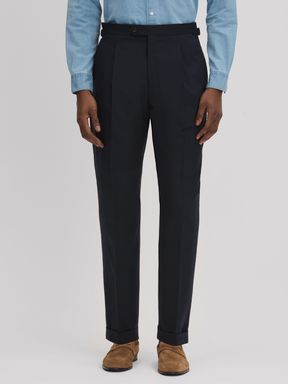 Navy Reiss Valentine Slim Fit Wool Blend Trousers with Turn-Ups