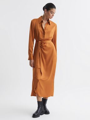 Rust Reiss Arabella Satin Shirt-Style Midi Dress