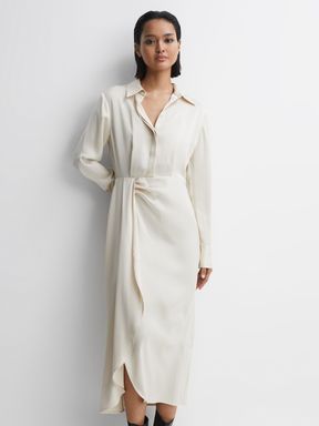 Cream Reiss Arabella Satin Shirt-Style Midi Dress