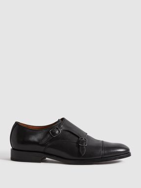 Black Reiss Amalfi Leather Double Monk Strap Shoes