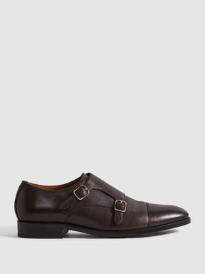 Dark Brown Reiss Amalfi Leather Double Monk Strap Shoes