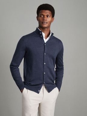 Indigo Melange Reiss Harlow Merino Wool Button Through Funnel Neck Shirt