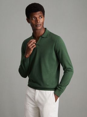 Hunting Green Reiss Milburn Merino Wool Open Collar Polo Shirt