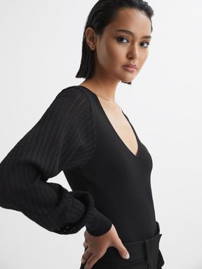 Black Reiss Lexi Knitted Sleeve V-Neck Top