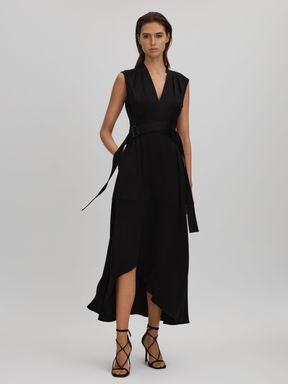 Black Reiss Raya Strappy Asymmetric Midi Dress