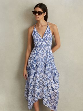 Blue Reiss Tiller Side Pleat Asymmetric Midi Dress