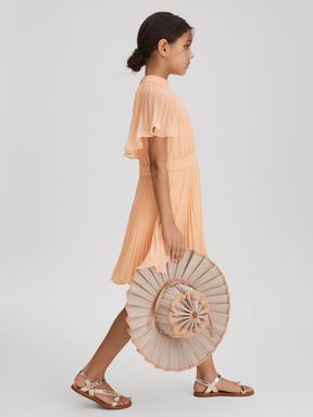 Apricot Reiss Verity Pleated Cape Sleeve Dress