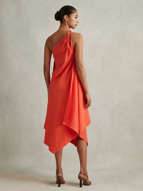 Orange Reiss Jeanne One Shoulder Draped Midi Dress