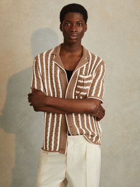Camel/White Reiss Spritz Oversized Crochet Striped Cuban Collar Shirt