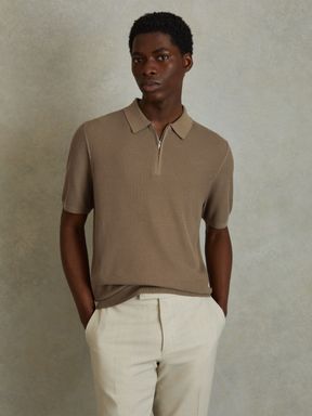 Camel Reiss Ivor Textured Half-Zip Polo Shirt