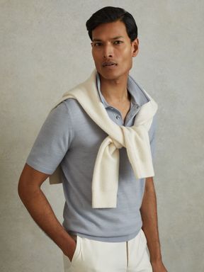 Soft Blue Melange Reiss Manor Merino Wool Polo Shirt