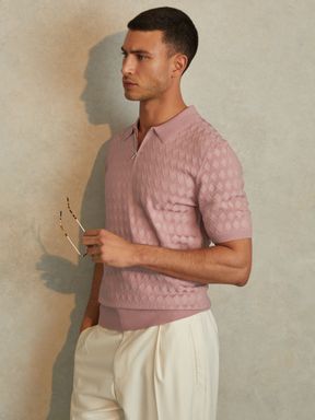 Soft Pink Reiss Rizzo Half-Zip Knitted Polo Shirt