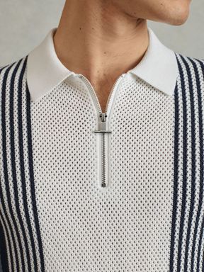 Blue/White Reiss Berlin Open-Stitch Half-Zip Polo Shirt