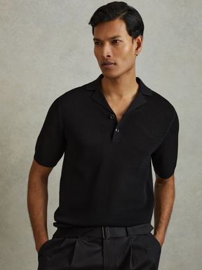 Black Reiss Charlie Open-Stitch Cuban-Collar Polo Shirt