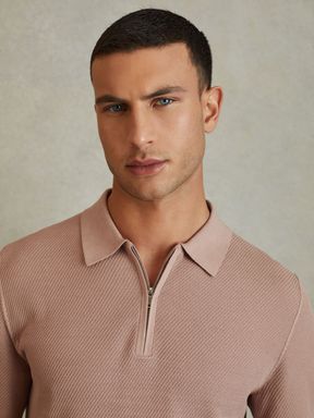 Soft Pink Reiss Ivor Textured Half-Zip Polo Shirt