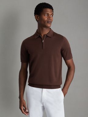 Treacle Brown Reiss Maxwell Merino Wool Half-Zip Polo Shirt