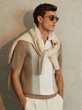 Camel/White Reiss Berlin Open-Stitch Half-Zip Polo Shirt