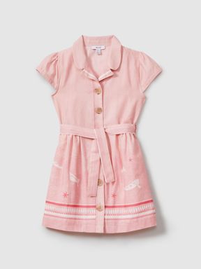 Pink Print Reiss Eliza Cotton Linen Capped Sleeve Belted Dress